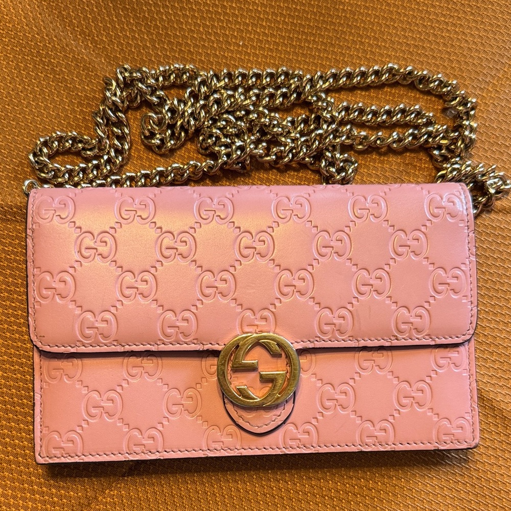 Gucci Pink Leather Clutch with Gold Chain